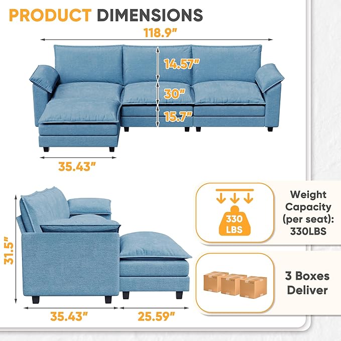 118.9'' L Shaped Sectional Couch, Modular Cloud Sofa with Deep Seat & Double Layer Cushion, Modern Chenille Sofa Couches with Movable Ottoman for Living Room & Appartment (Dark Blue, L Shaped Sofa)