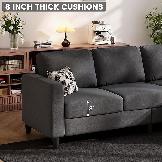 73" Sectional Sofa Couch for Living Room, Dark Grey Convertible L Shaped Sofa with Reversible Ottoman, 8" Extra Thick High-Density Cushions, Modern Linen Fabric 3 Seater Sofa for Small Space | 8" Extra Cushions