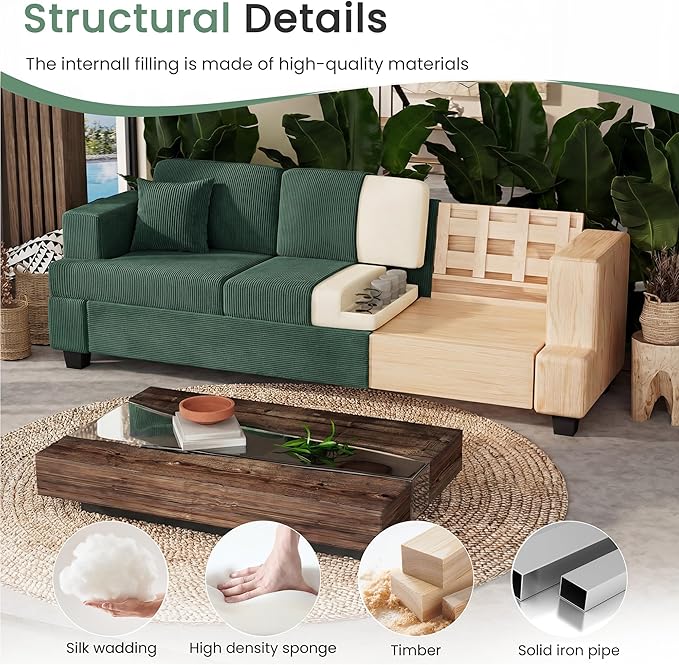 YOUDENOVA 2 Piece Set Comfy Sofa Couch, Loveseat Sofa * 2 with Deep Seats, Modern Sleeper Couch for Living Room, Green Corduroy