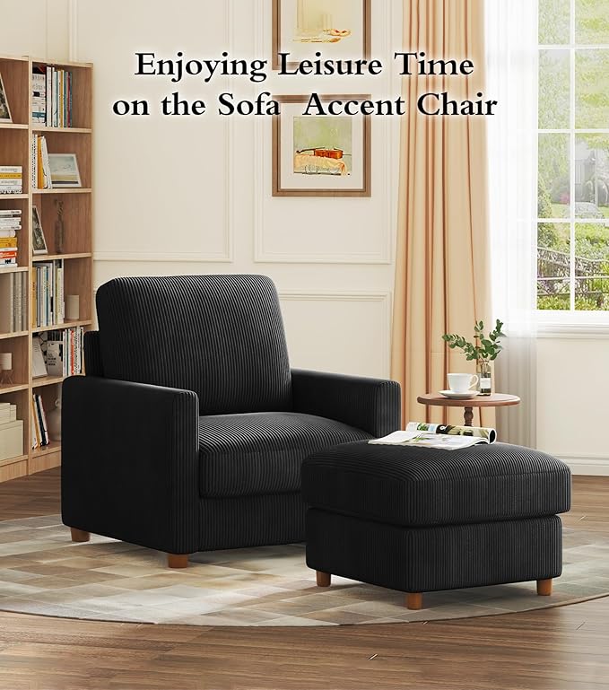 Kidirect 35.5in Corduroy Couch Accent Chair, Tool-Free Setup Living Room Sofa Accent Chairs, Reading Chair for Bedroom 22.5in Extra Deep Seats, Comfy Arm Chairs for Office, All-Wood Reading Nook Black