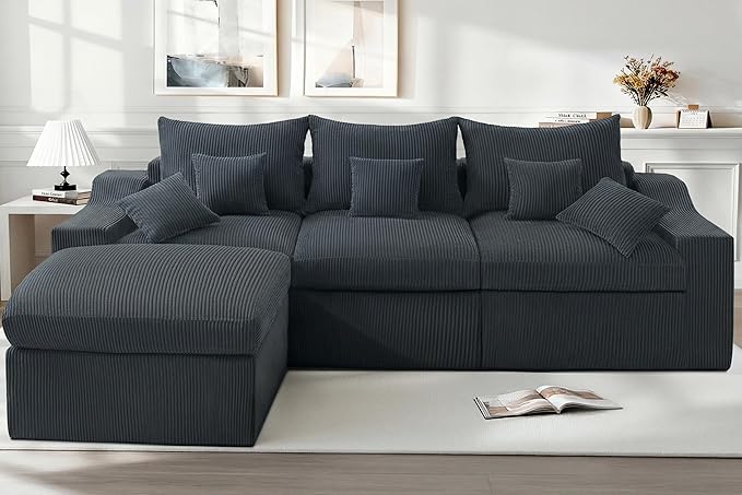 HABUTWAY 104" L Shaped Cloud Sectional Couch, Boneless Modular Sectional Sofa with Deep Seat, Corduroy Couches for Living Room, Modular Couch, No Assembly Required (Grey)