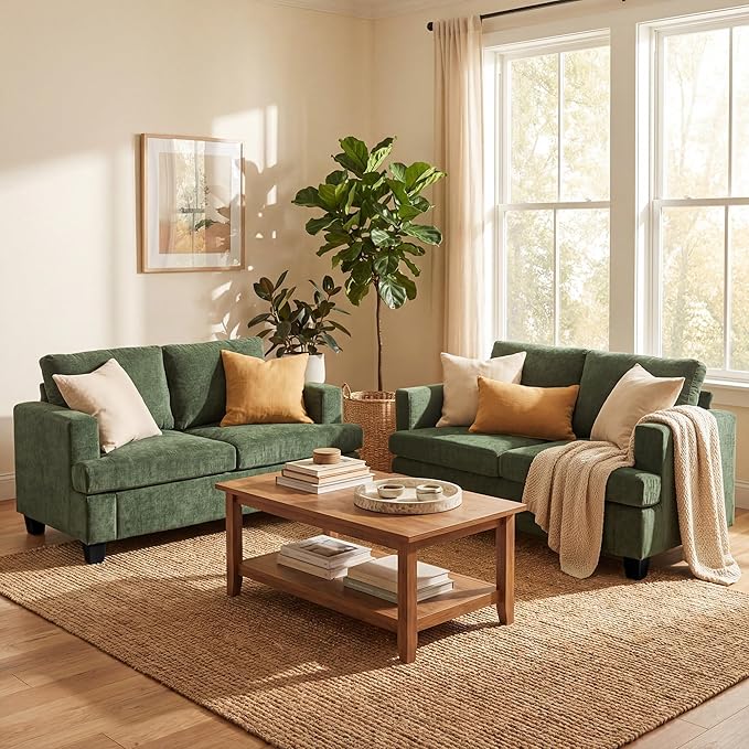 YOUDENOVA 2 Piece Set Comfy Sofa Couch, Loveseat Sofa * 2 with Deep Seats, Modern Sleeper Couch for Living Room, Green Chenille