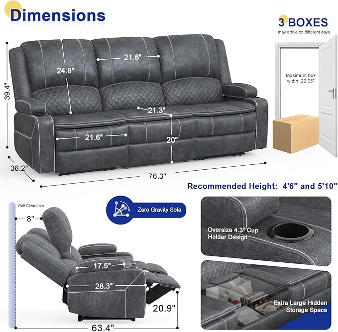 3+1+1 Manual Recliner Sofa, Maximum Load Capacity 2250lbs & Ergonomics Design, Multi-Functional Middle Seat & Home Theater Seating with Removable Armrest and Storage for RV Living Room (Velvet,Grey)