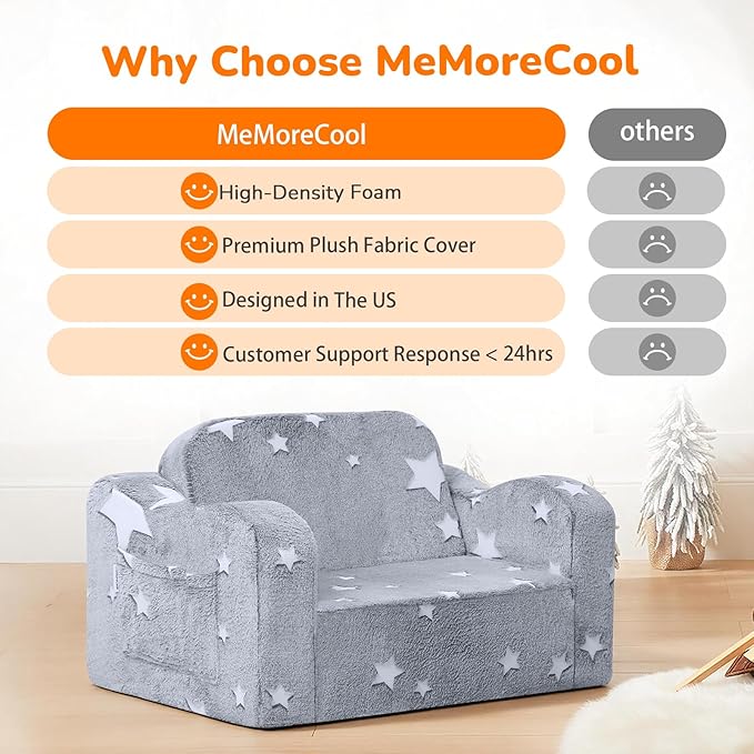MeMoreCool Glowing Star Kids Chair, 2-in-1 Foldable Kids Couch with Glow-in-the-Dark Star Design, Soft Foam Fold Out Lounger for Playroom and Reading, Washable Cover, Gift for Boys and Girls | Relaxing, Gift