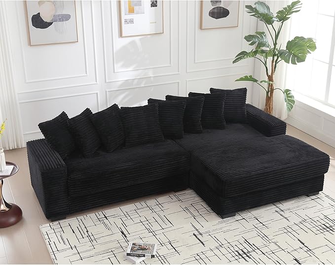 111 Inch Cloud Sectional Couches for Living Room | L-Shaped Sectional Couch with 8 Pillows | Corduroy Couch with Deep Seat | Solid Wood Frame Sofa Black (Right Facing Chaise)