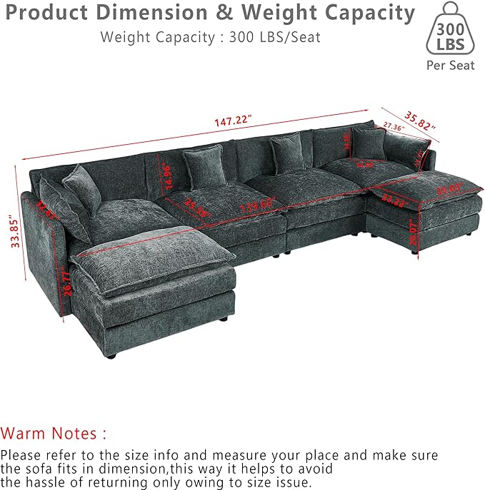 Setawix Deep 4 Seater Couch with Ottomans,147.22" U-Shaped Cloud Couches for Living Room,Chenille Cloud Sofa Couch with Foorest,Modular Sectional U Shape 4 Seat Sofa for Bedroom (Grey, 4+2)