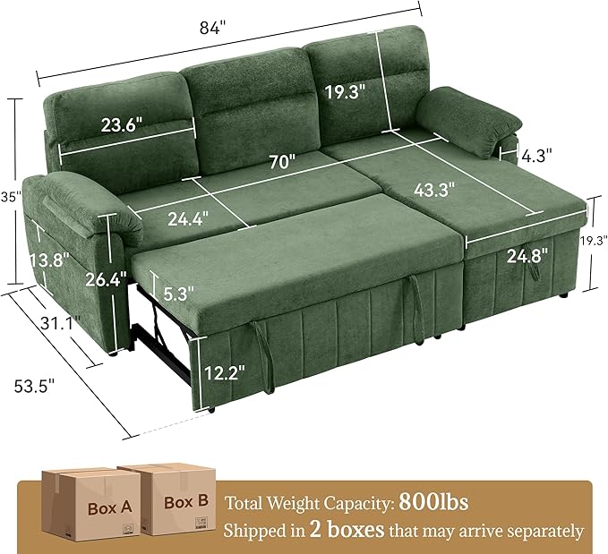 Tbfit 84'' Sleeper Sofa Bed, 3 in 1 Cloud Pull Out Sofa Couch with USB & Storage Chaise, Chenille Convertible Sofa Bed with Pull Out Bed, Couches for Living Room, Apartment, Office, Green