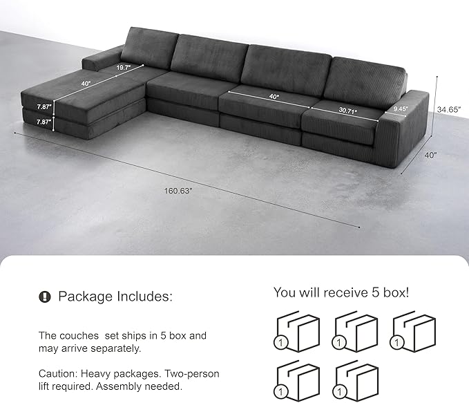 Modular Sectional Boneless Sofa, 160.63" Oversized Modern Cloud Couch Sectional Sofa with L-Shaped Chaise Comfy Corduroy Fluffy Couch with Deep Seat Couches for Living Room Bedroom, Black