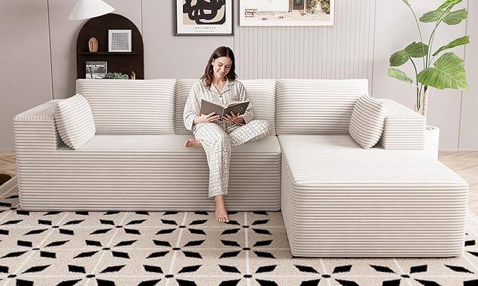 106" Cloud Sectional Boneless Couches for Living Room, Modular L Shaped Couch with Deep Seat Oversized Right Facing Chaise, Memory Foam Compressed Spineless 3 Seater Sofa for Apartment, Beige