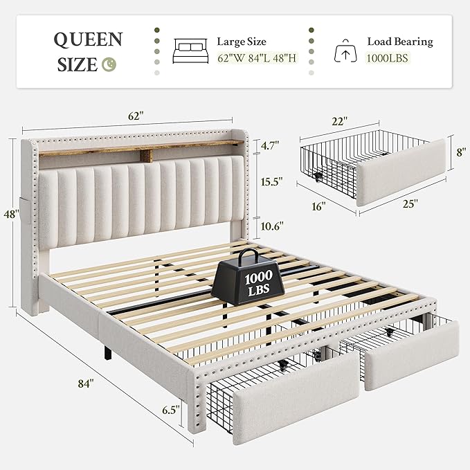 EnHomee Queen Size Bed Frame, Upholstered Queen Bed Frame with 2 Storage Drawers and 2-Tier Headboard, Vertical Tufted Headboard Design, Extra Storage Space for Bedroom Apartment, Beige
