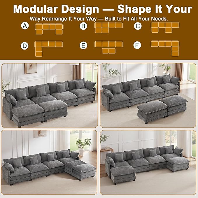 U-Shaped Cloud Chenille Sofa Sectional Couch with 2 Ottomans, 146" Modular Sofa for Large Spaces, Ultimate Comfort with Deep Seats & Pillows, Solid Frame, 1YR Warranty