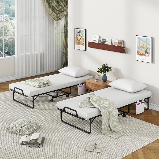 Giantex Folding Bed with Mattress and Top Pillow, Cot Portable Guest Bed w/Metal Frame, Storage Pocket & Cover, Space-Saving Rollaway Bed with Memory Foam Mattress for Adults, 75" x 31"