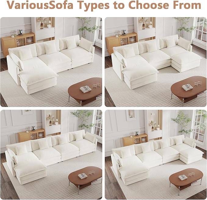 mikibama Modular Sectional Sofa, 146.5 Inch U Shaped Couch Set for Living Room, 4-Seater Comfy Cloud Couches with Two Movable Ottoman, DIY Combination, Chenille, Beige