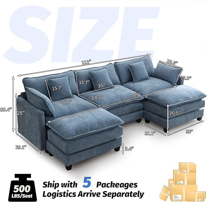 111'' Sectional Cloud Deep Seat Couch, Oversized Chenille U Shaped Sectional Sofa for Living Room Set, Comfy Upholstered Modular 5-Seats Sectional Sofa Couch with 2 Movable Ottoman, Blue