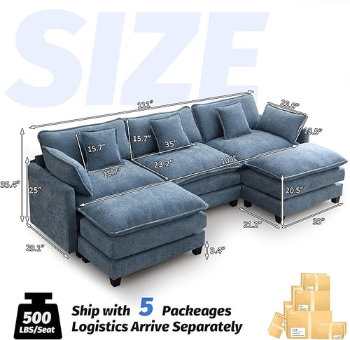 111'' Sectional Cloud Deep Seat Couch, Oversized Chenille U Shaped Sectional Sofa for Living Room Set, Comfy Upholstered Modular 5-Seats Sectional Sofa Couch with 2 Movable Ottoman, Blue