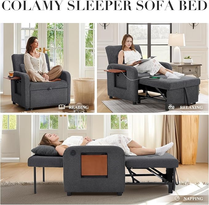 Convertible Sleeper Chair-Fabric Futon Sofa Bed, Single Sleeper Sofa, Small Couch Bed with USB Port, Foldable Table, Pillow, Adjustable Backrest for Dorm/Bedroom/College Darkgrey