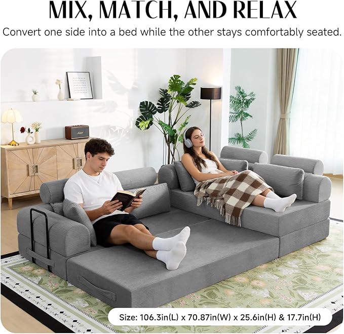 106" L-Shaped Modular Boneless Couch, 2-Piece System (2×70.87"), Convertible Sectional to 141.7" Straight Sofa, Corduroy Couch in a Box, Headrest & Back Pillows for Living Room, Light Grey