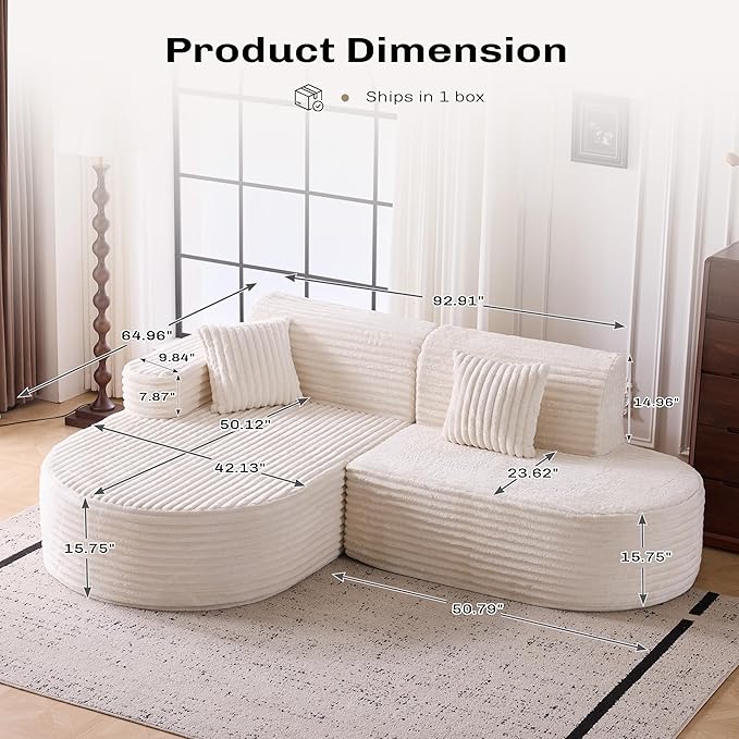 Modern Curved Boneless Sofa Couch, L-Shaped Corner Sofa, Corduroy Upholstered Cloud Sectional Couch for Living Room, Bedroom and Apartment,No Assembly Needed(Beige, Left Hand Facing)