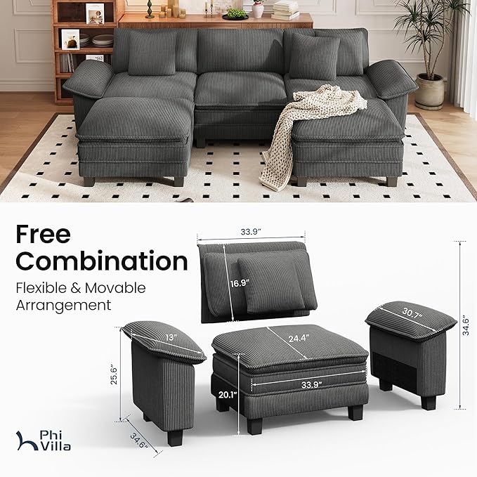 PHI VILLA Cloud Modular Couch Sets, 123.6" Sectional Sofa with U-Shaped Chaise, 5-Seater Couches with 2 Movable Ottomans for Living Room, Corduroy Fabric, Grey