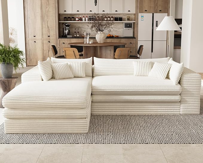 Belffin Plush Corduroy L Shaped Couch with Deep Seat Boneless Modular Sectional Cloud Boneless Couches for Living Room. Left Facing Chaise. Beige Sofa