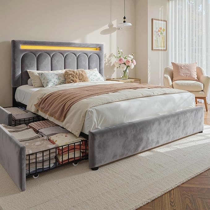 Homkdom Velvet Upholstered Full Size Bed Frame with 4 Storage Drawers, Vertical Arched LED Headboard, Sturdy Wood Slats Support, No Box Spring Needed, Grey