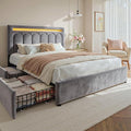 Homkdom Velvet Upholstered Full Size Bed Frame with 4 Storage Drawers, Vertical Arched LED Headboard, Sturdy Wood Slats Support, No Box Spring Needed, Grey