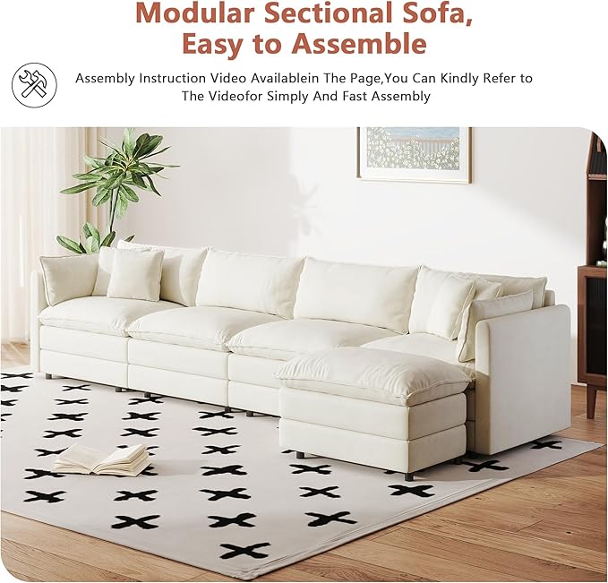 Setawix Deep 4 Seater Couch with Ottoman,147.22" L-Shaped Cloud Couches for Living Room,Chenille Cloud Sofa Couch with Deep Seat,Modular Sectional L Shape 4 Seat Sofa for Bedroom (Beige, 4+1)