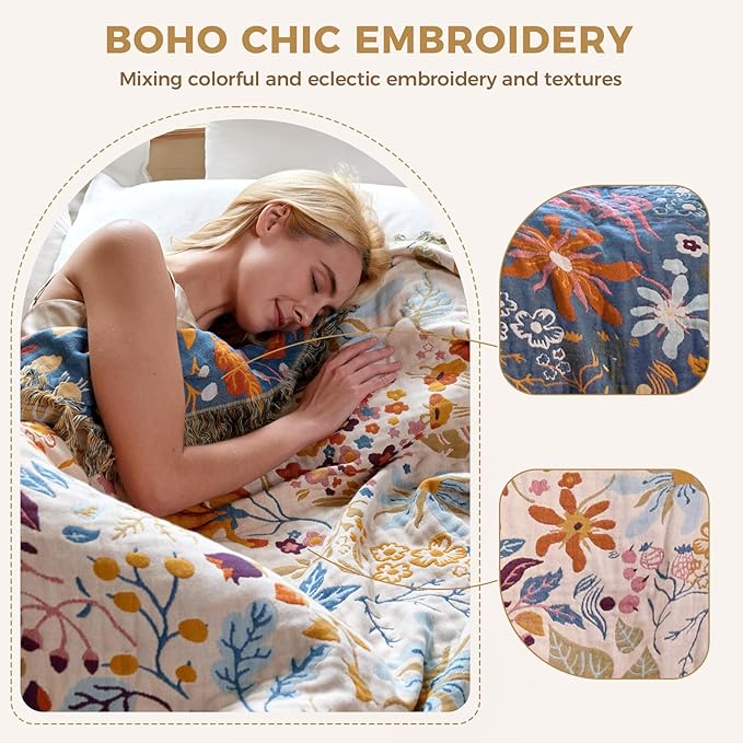 LUTBM Boho Throw Blanket with Florals & Leaves Embroidery Reversible Lightweight Spring Cotton Gauze Throws for Couch,Bed,Sofa & Chair Decor - Bohemian Living Room Accent Gift 50"x60"