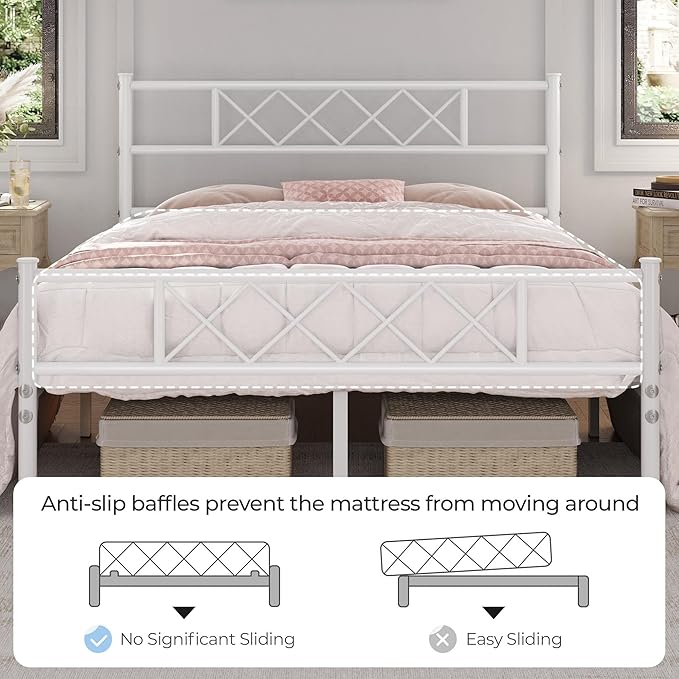 Yaheetech Queen Metal Platform Bed Frame Mattress Foundation with Headboard and Footboard No Box Spring Needed Under Bed Storage Steel Slats,White