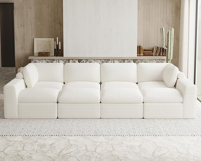 Boneless Modular Sectional Sleeper Sofa Bed Plush Corduroy Cloud Sectional Couches for Living Room with Deep Seat. White Couch.