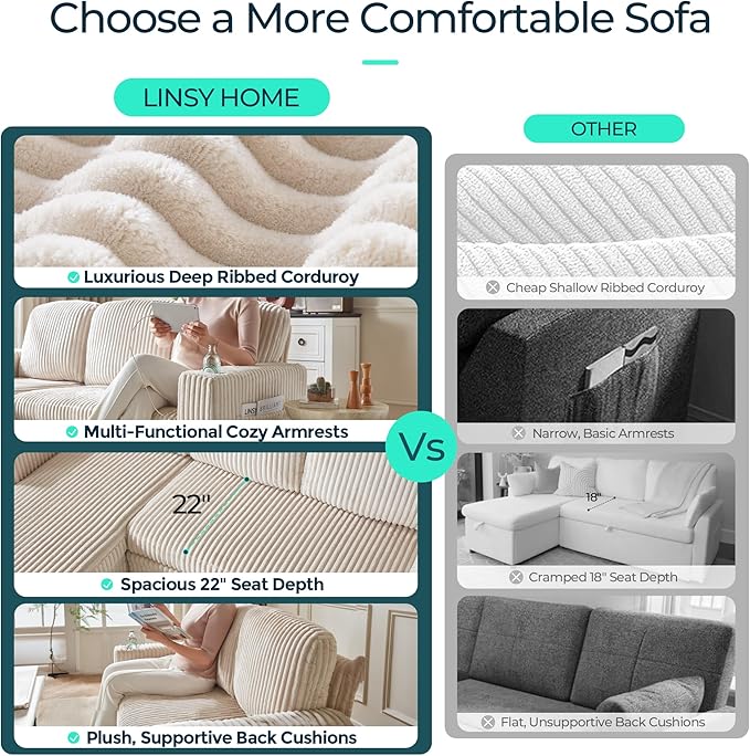 LINSY HOME Pull Out Sofa Bed Sectional Sleeper Sofa with Storage, Plush Corduroy Pullout Modular Sectional Couches for Living Room, U Shaped Convertible Couch Bed for Apartment (Beige)