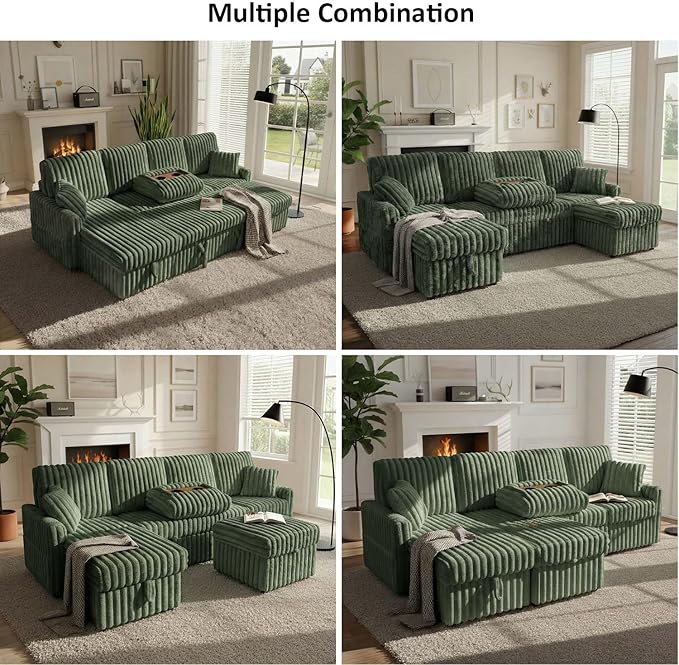 104" U Shaped Sleeper Sofa Bed, Sectional Couches for Living Room, Plush Corduroy Pull Out Couch Bed with Storage, Modular Sectional Couch with Charging Station, Cup Holder, Side Pocket, Green