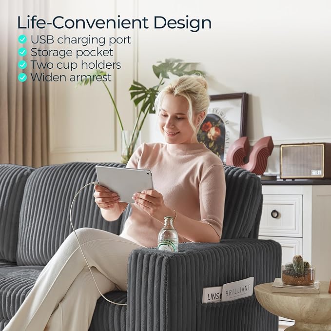 LINSY HOME Sectional Sleeper Sofa Pull Out Couches for Living Room (Grey, Sleeper Sofa 5) | Pull Out Sofa Bed, Storage, USB Charging, Cup Holders, Plush Corduroy