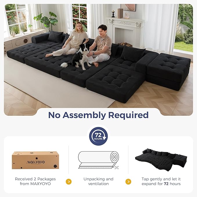 MAXYOYO Modular Sectional Sofa Couch, Foldable U Shaped Cloud Couch with Pillows, Tufted 6-Seat Boneless Sleeper Lounger Floor Sofa Bed for Living Room, No Assembly Required, Black