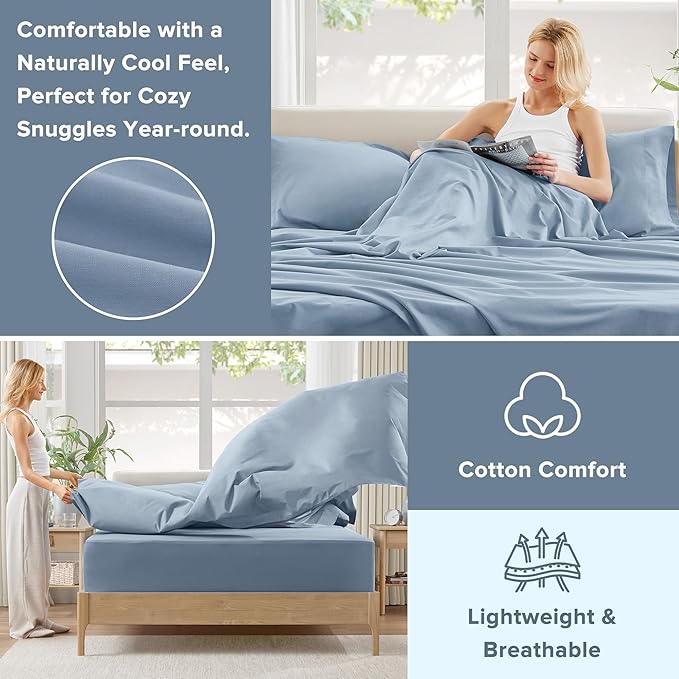 Comfort Spaces 100% Cotton Sheet Set Breathable, Lightweight, Soft with 14" Elastic Pocket Fits up to 16" Mattress, All Season Cozy Bedding, Matching Pillow Case, Cal King Blue 4 Piece