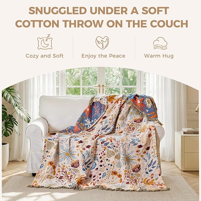 LUTBM Boho Throw Blanket with Florals & Leaves Embroidery Reversible Lightweight Spring Cotton Gauze Throws for Couch,Bed,Sofa & Chair Decor - Bohemian Living Room Accent Gift 50"x60"
