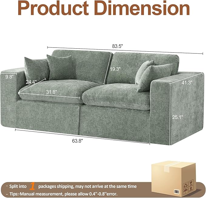 83''Cloud Boneless Sectional Couch, Modular Sectional Sofa Deep Seat, Upholstered Convertible Comfy Loveseat Chenille Memory Foam Sofa Couches for Living Room, Green