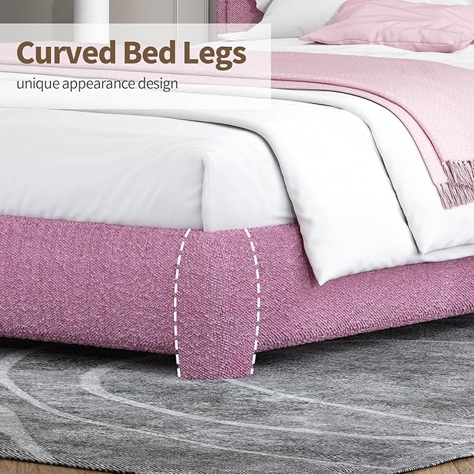 BarnFurin Full Size Bed Frame with Headboard, Boucle Upholstered Platform Bed Frame, Soft Rounded Corners, No Box Spring Required, Non-Slip and Noise-Free, Easy Assembly, Rose Pink