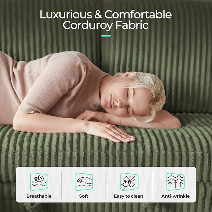 LINSY HOME Pull Out Sofa Bed Sectional Sleeper Sofa with Storage, Plush Corduroy Pullout Modular Sectional Couches for Living Room, U Shaped Convertible Couch Bed for Apartment (Green)