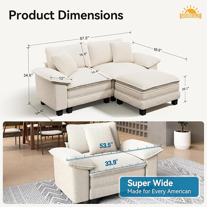 Sectional Loveseat with Ottoman, 87.5'' Oversized Corduroy Love Seat Modular Sofa Couch with Pillow, 3-Seat Modern L Shaped Cloud Deep Seat for Bedroom Small Space, Beige