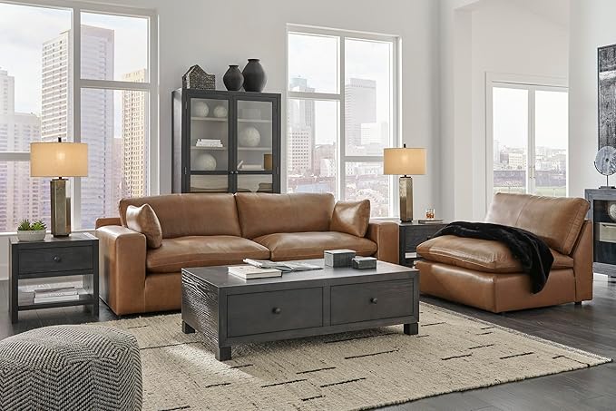 Signature Design by Ashley Emilia Modern Leather Match 3-Piece Sectional Sofa with Loose Back Cushions and 2 Bolster Pillows, Light Brown
