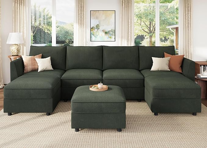 HONBAY Modular Sofa U Shaped Sectional Couch with Storage, Convertible Modular Sofa 7 Seats Sectional for Living Room - Green