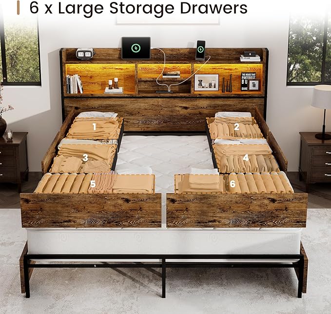 BRELTAM King Storage Bed Frame with 6 Drawers, USB Charging Station, No Noise, No Box Spring Required, Vintage Brown Headboard Platform Bed