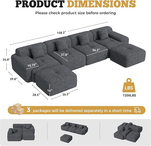 158" Modern U Shaped Modular Sectional Sofa, Boneless Couches for Living Room,6 Seater Convertible Chenille Cloud Couch Sofa Set, No Assembly Required, Grey-Black 1 PCS