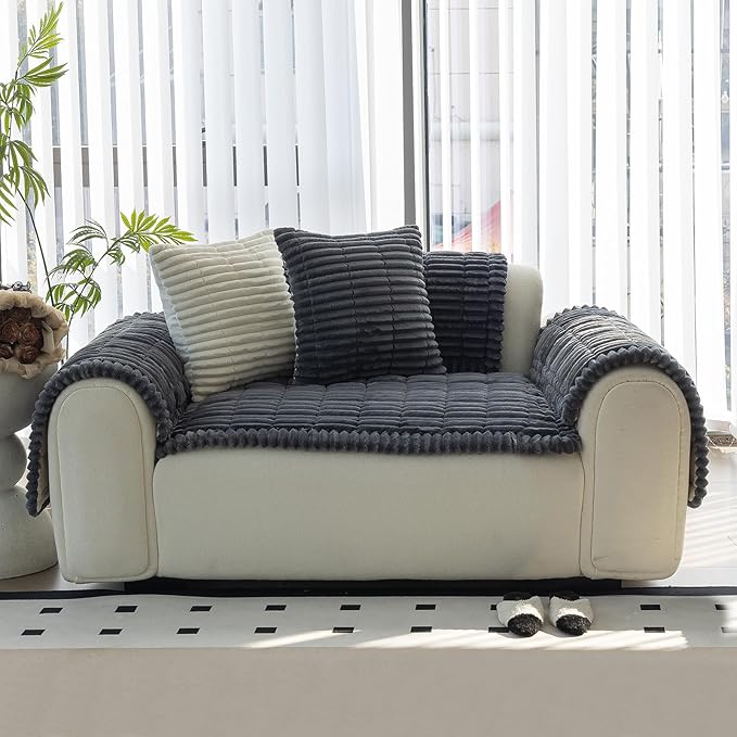 Sofa Couch Cover, Sofa Covers for Dogs Washable, Non-Slip Striped Sofa Slipcovers for Sectional Sofa, Sofa Cover Furniture Protector for L Shaped(Dark Grey, 27.6"x 27.6")
