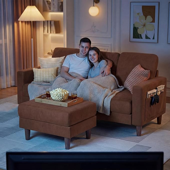 YESHOMY L-Shaped Sofa Couch, Small Couch with Reversible Chaise and Ottoman, Convertible Sectional Comfy 3 Seat Sofas with Side Pockets for Apartment and Living Room (Brown)