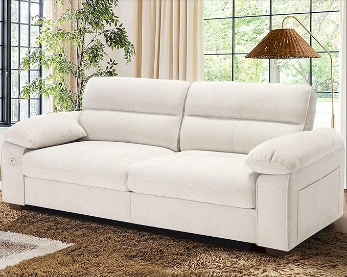 WorthFurni Sofas for Living Room, Chenille Pillow-Armrest Loveseat Couch Set, Small Sofa, 3 Seater Sofa, USB Charging, Removable Sofa Cover, Solid Wood Frame, Easy to Install (90.5 inch, Beige)