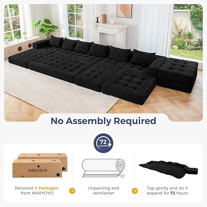 MAXYOYO Modular Sectional Sofa Couch, Foldable U Shaped Cloud Couch with Pillows, Tufted 7-Seat Boneless Sleeper Lounger Floor Sofa Bed for Living Room, No Assembly Required, Black