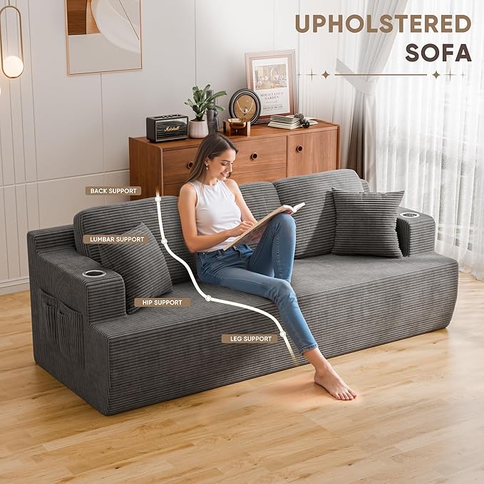 Homall 87” Boneless Sofa Couch with 2 Pillows Extra Deep Seats, Corduroy Fabric 3 Seater Sofa for Living Room with Cup Holder & Storage Pocket Upholstered Floor Sofa Easy Installation (Grey, 3 Seater)