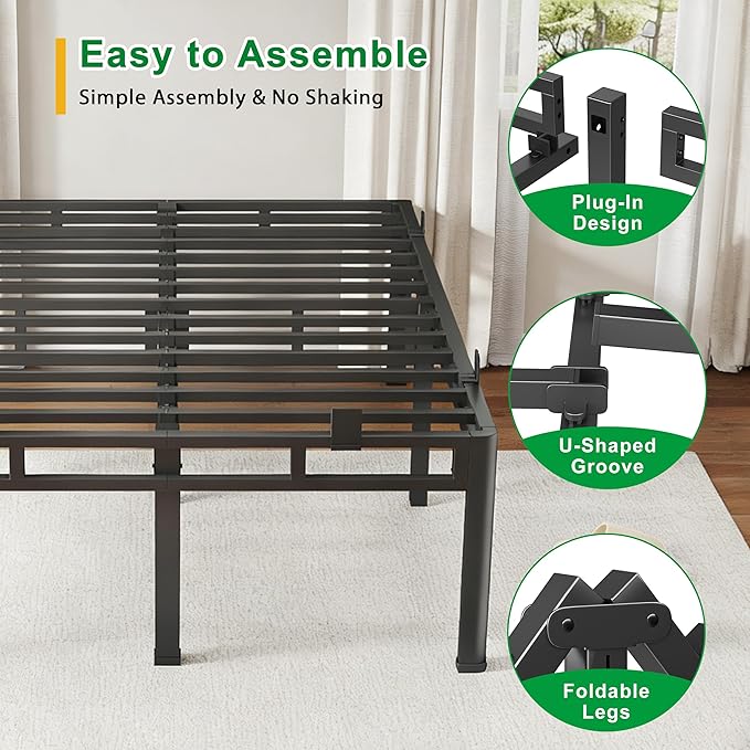 ROIL 18 Inch Full Size Bed Frame, Double Layer Metal Bed Frame with Round Corner Legs, 4000LBS Bed Frame & Box Spring 2 in 1 Platform with Headboard Holes Mattress Baffles, Noise-Free Easy Assembly